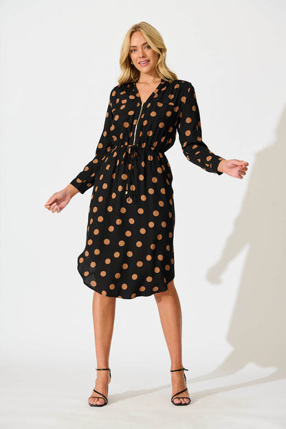 Rival Zip Dress in Black with Brown Spot
