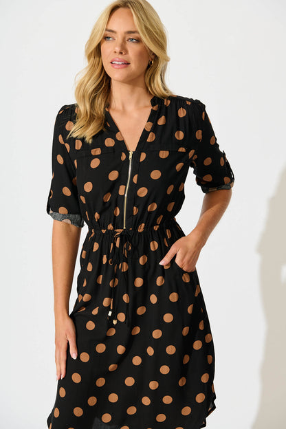 Rival Zip Dress in Black with Brown Spot