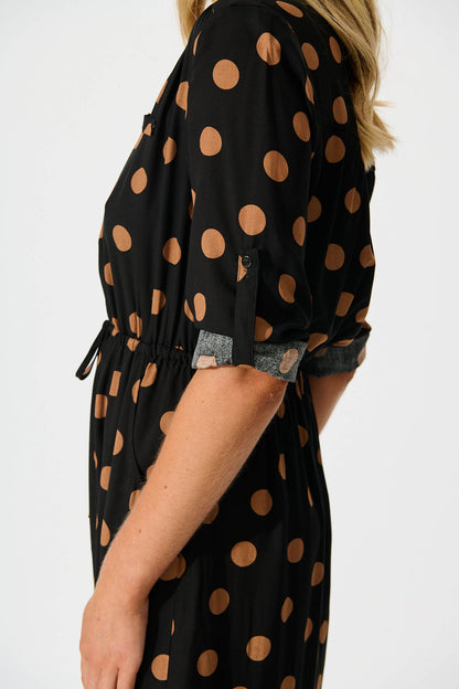 Rival Zip Dress in Black with Brown Spot