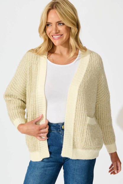 Masami Knit Cardigan In Beige Lurex with Contrast Trim
