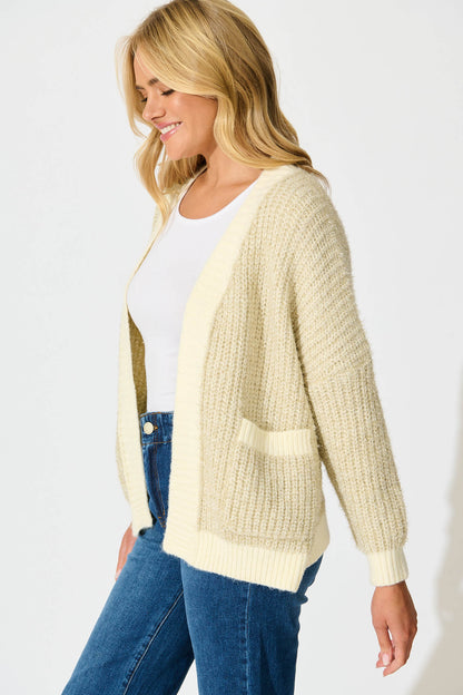 Masami Knit Cardigan In Beige Lurex with Contrast Trim