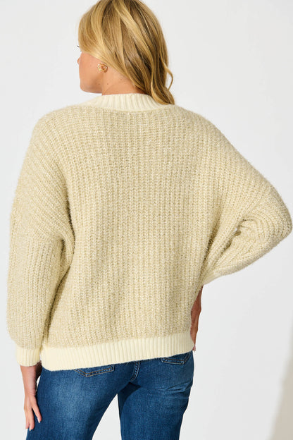 Masami Knit Cardigan In Beige Lurex with Contrast Trim