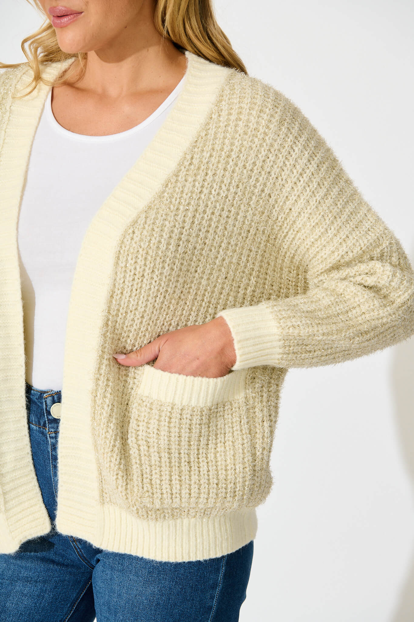 Masami Knit Cardigan In Beige Lurex with Contrast Trim