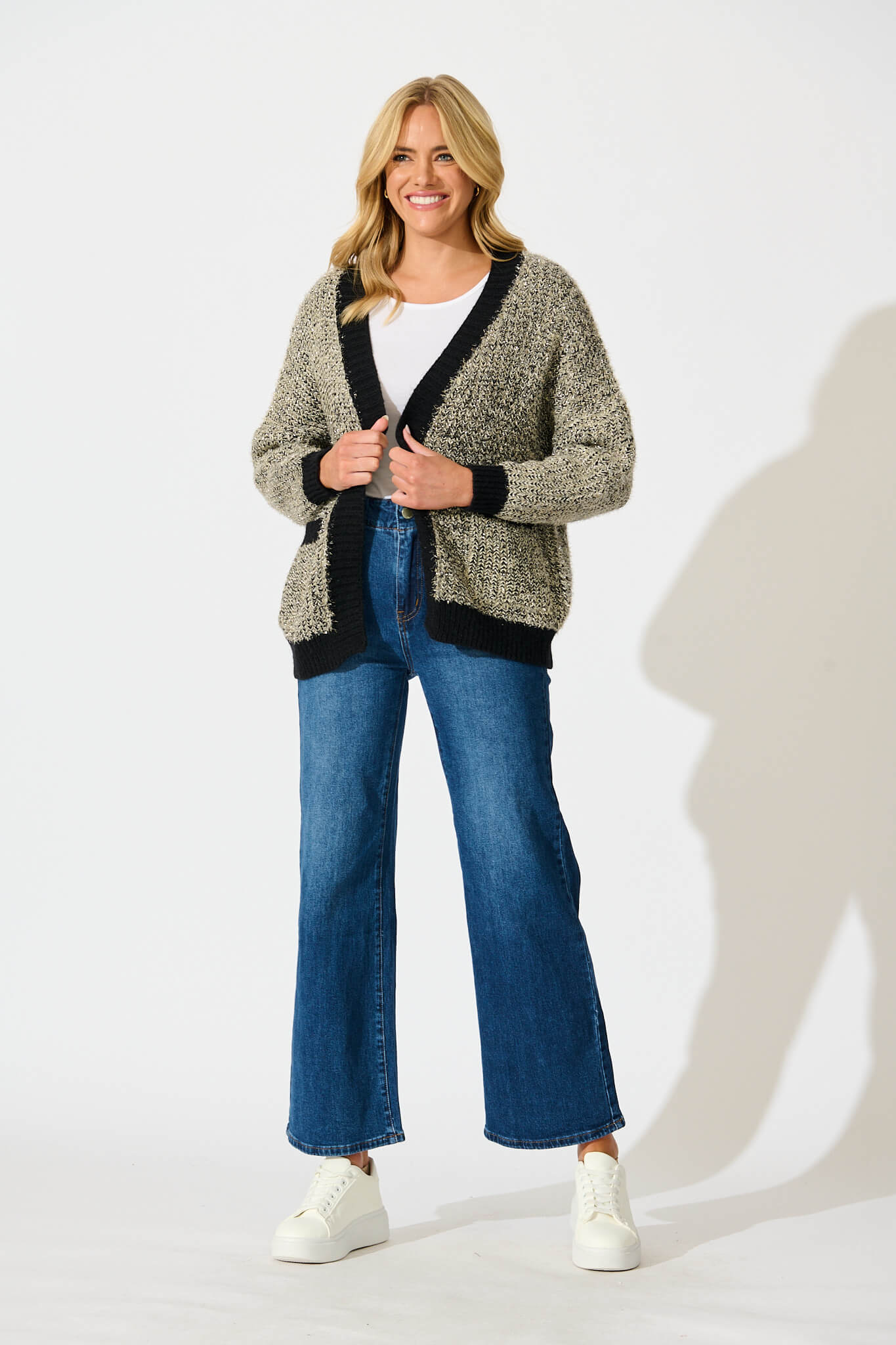 Masami Knit Cardigan In Black Lurex with Contrast Trim