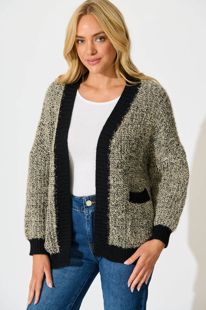 Masami Knit Cardigan In Black Lurex with Contrast Trim