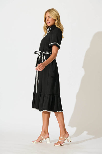 Aurora Midi Shirt Dress In Black With White Contrast Stitch