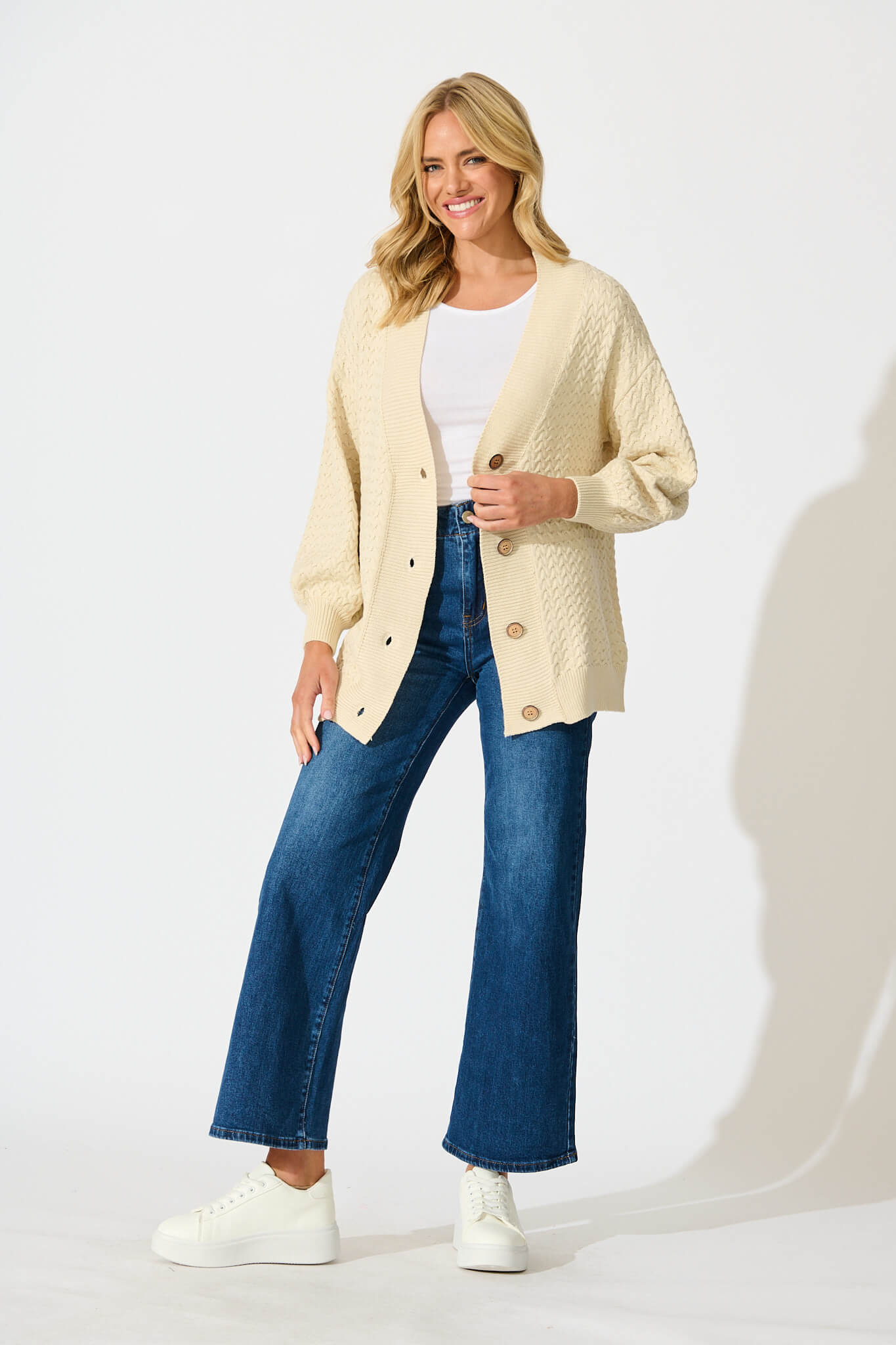 Jenisha Knit Cardigan in Beige Cotton Blend