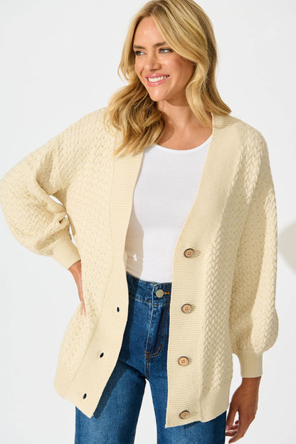 Jenisha Knit Cardigan in Beige Cotton Blend