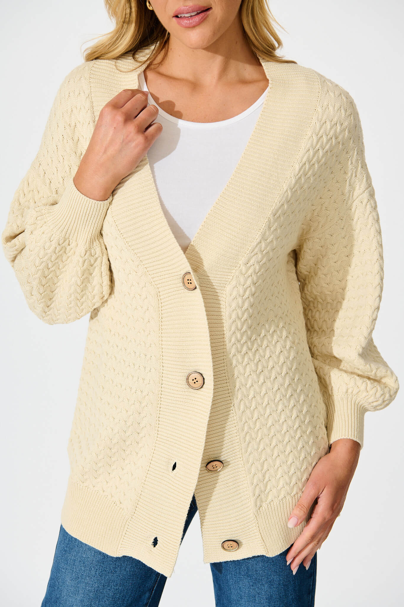 Jenisha Knit Cardigan in Beige Cotton Blend