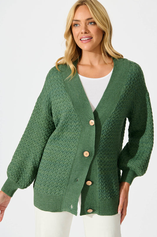 Jenisha Knit Cardigan in Green Cotton Blend