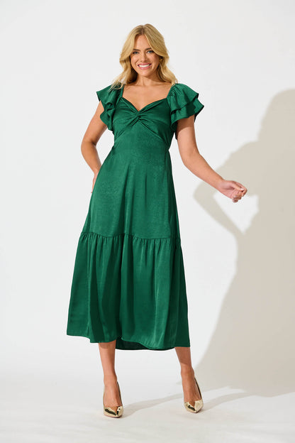 Constantine Maxi Dress in Emerald Green Crinkle Satin