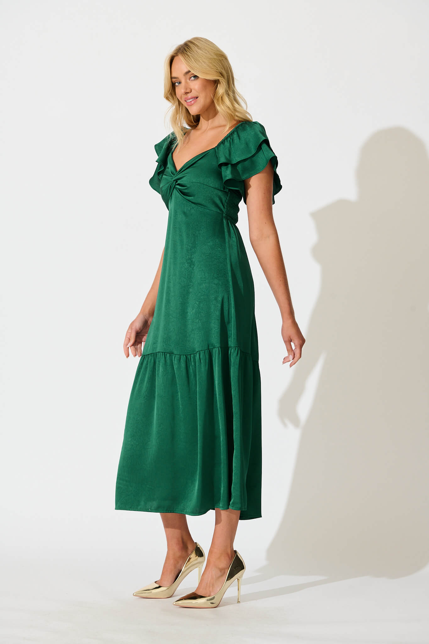 Constantine Maxi Dress in Emerald Green Crinkle Satin
