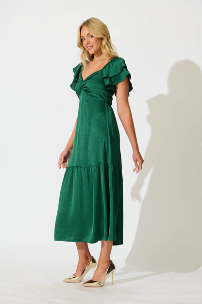 Constantine Maxi Dress in Emerald Green Crinkle Satin