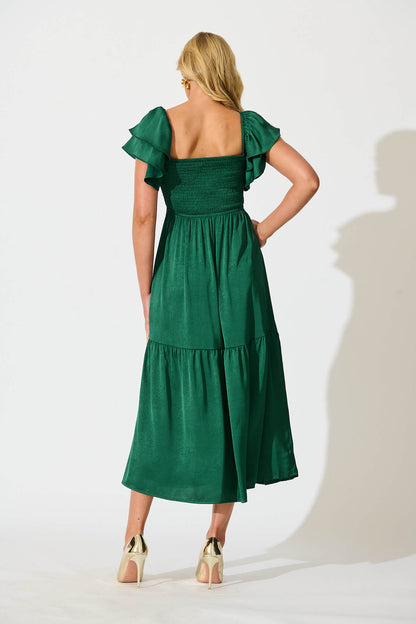 Constantine Maxi Dress in Emerald Green Crinkle Satin