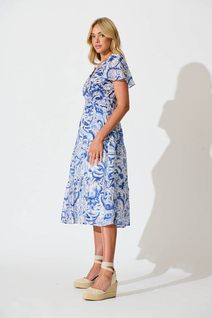 Palm Springs Midi Dress in Blue and White Print