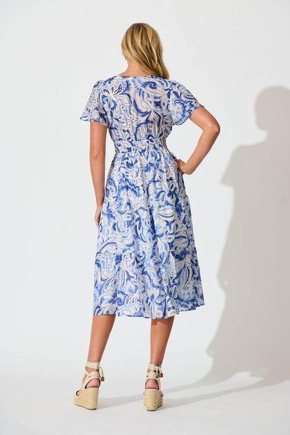 Palm Springs Midi Dress in Blue and White Print