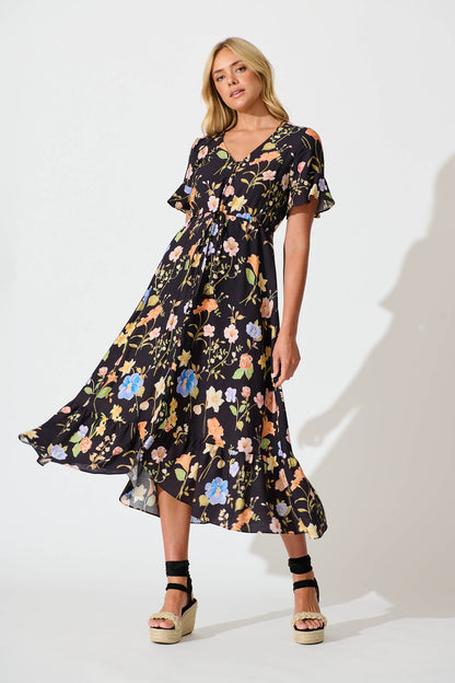 Ellie Midi Dress in Black with Multi Floral