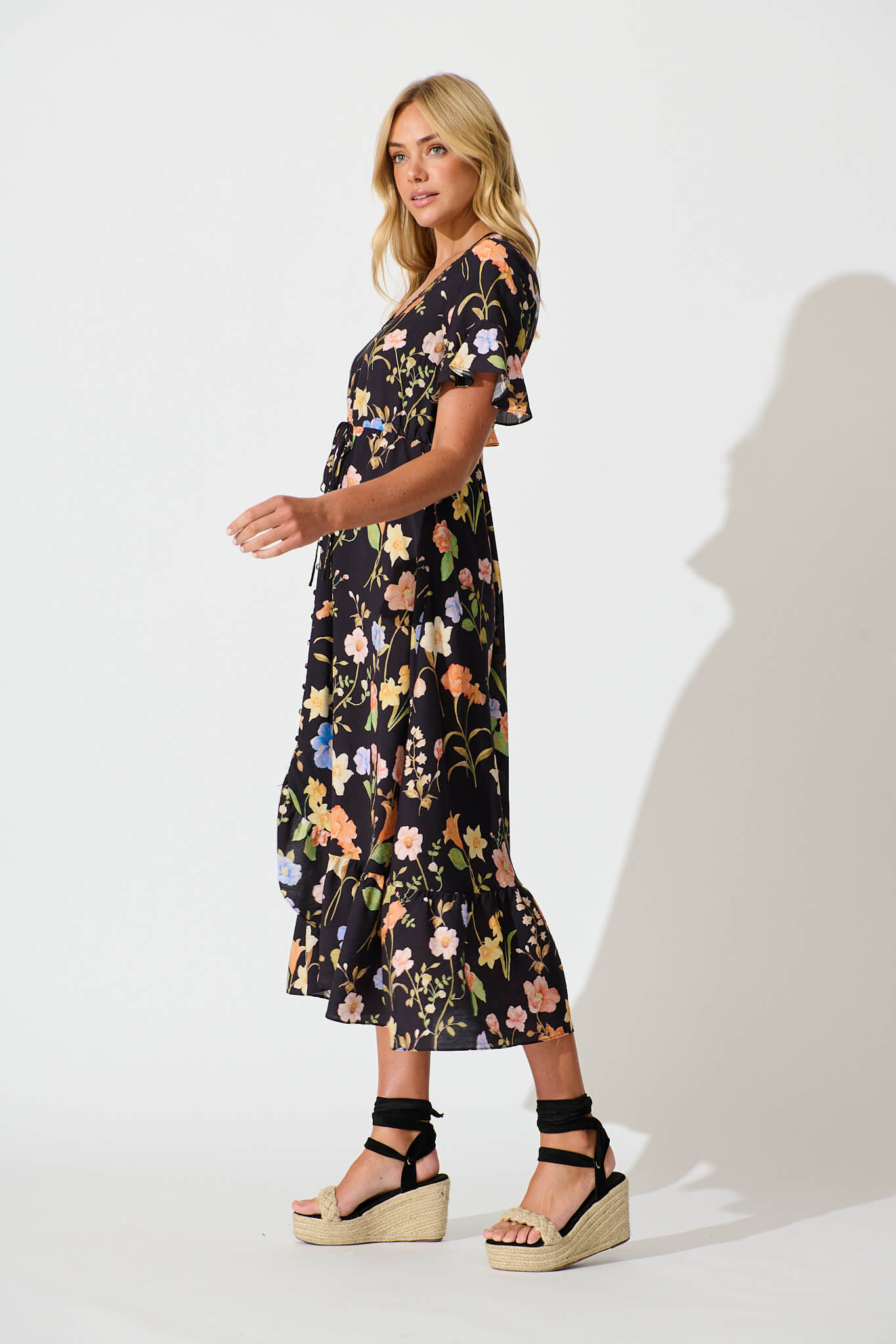 Ellie Midi Dress in Black with Multi Floral