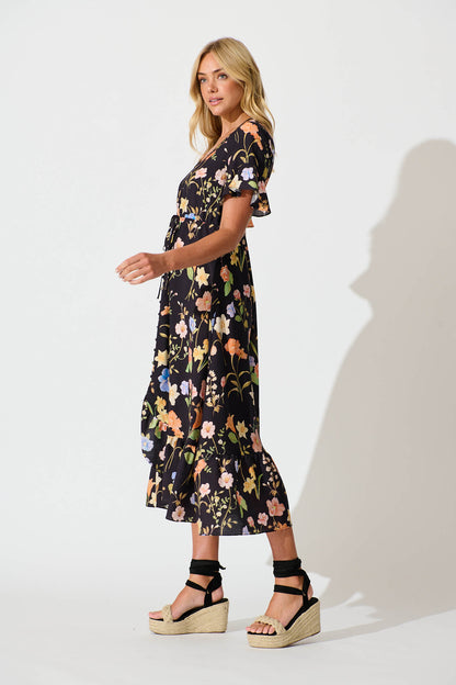 Ellie Midi Dress in Black with Multi Floral