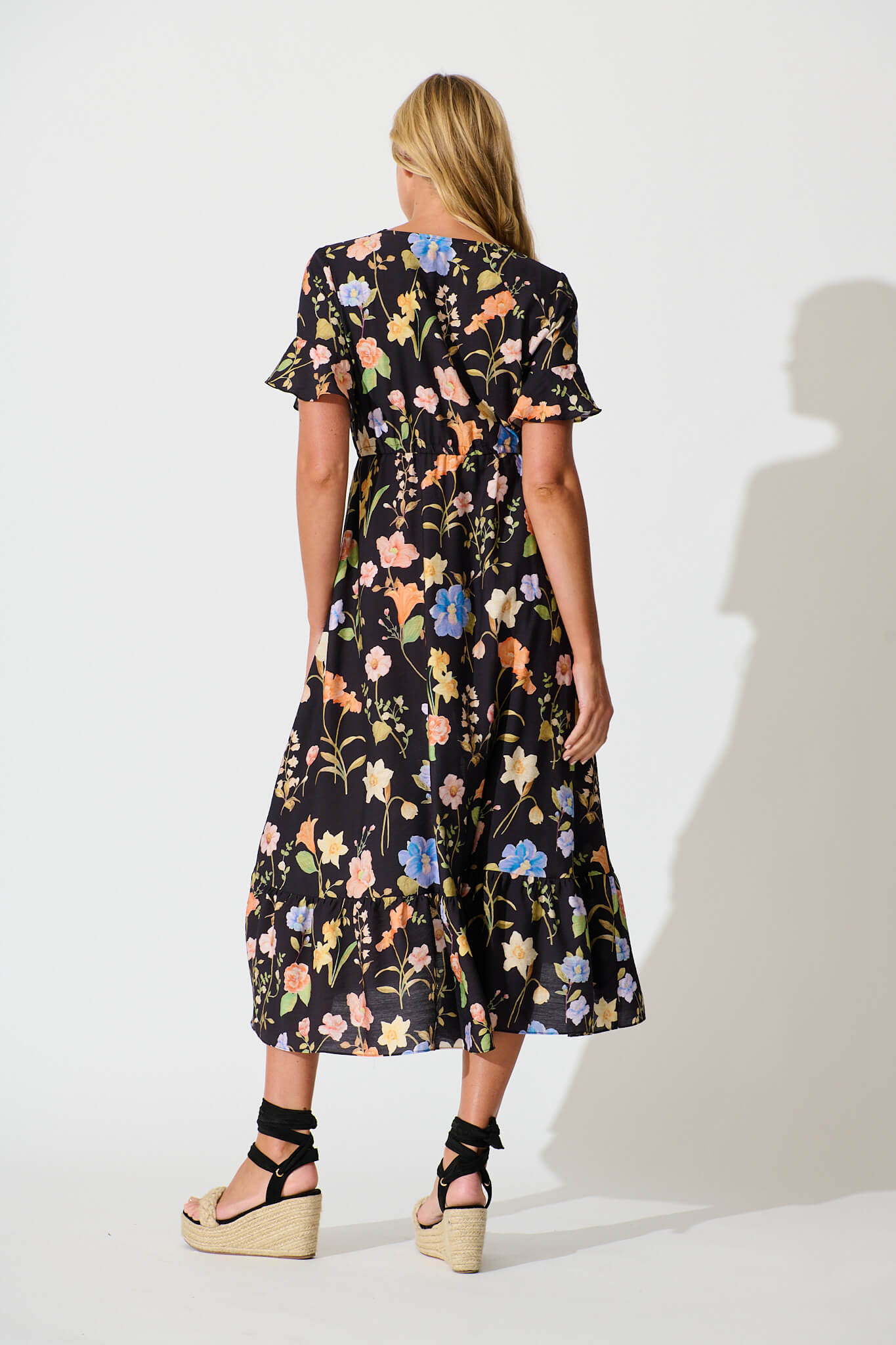 Ellie Midi Dress in Black with Multi Floral