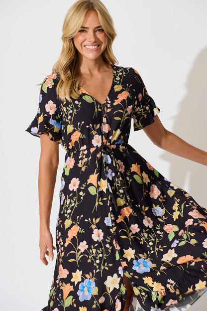 Ellie Midi Dress in Black with Multi Floral