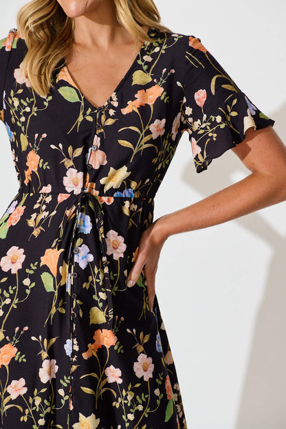Ellie Midi Dress in Black with Multi Floral