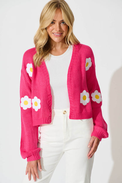 Frederica Knit Cardigan in Hot Pink With White Flower Wool Blend