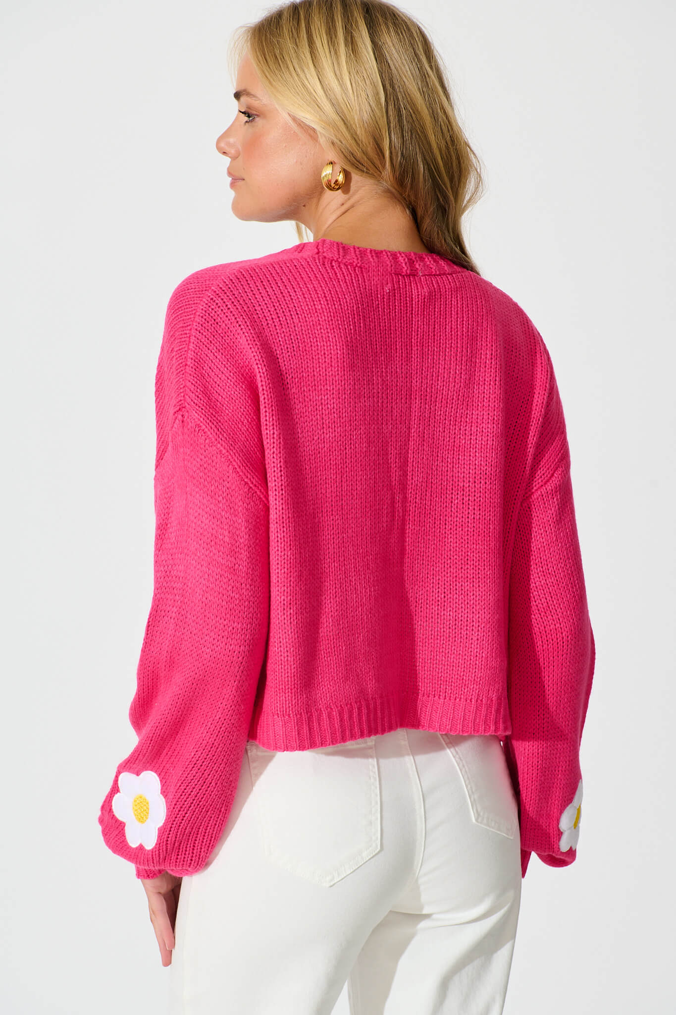 Frederica Knit Cardigan in Hot Pink With White Flower Wool Blend
