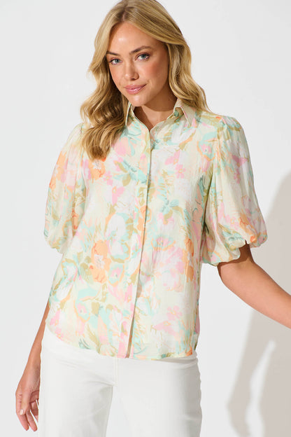 Aeryn Shirt In White with Pastel Multi Floral