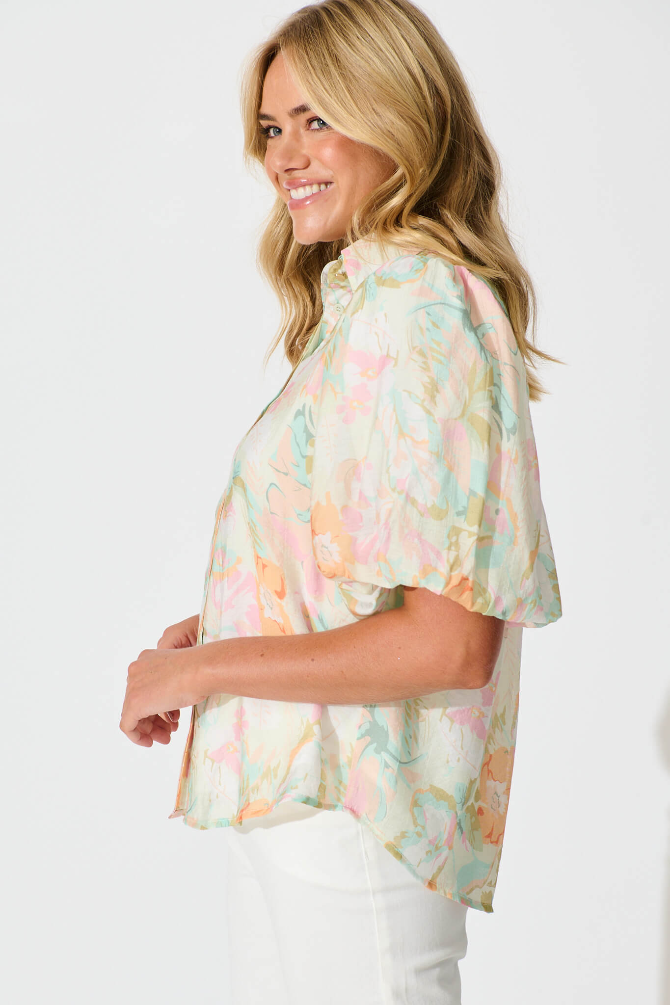 Aeryn Shirt In White with Pastel Multi Floral