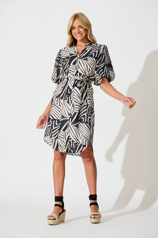 Holly Shirt Dress in Black with White Print