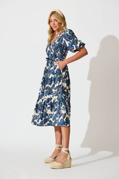 Tris Midi Dress in White with Blue Multi Leaf