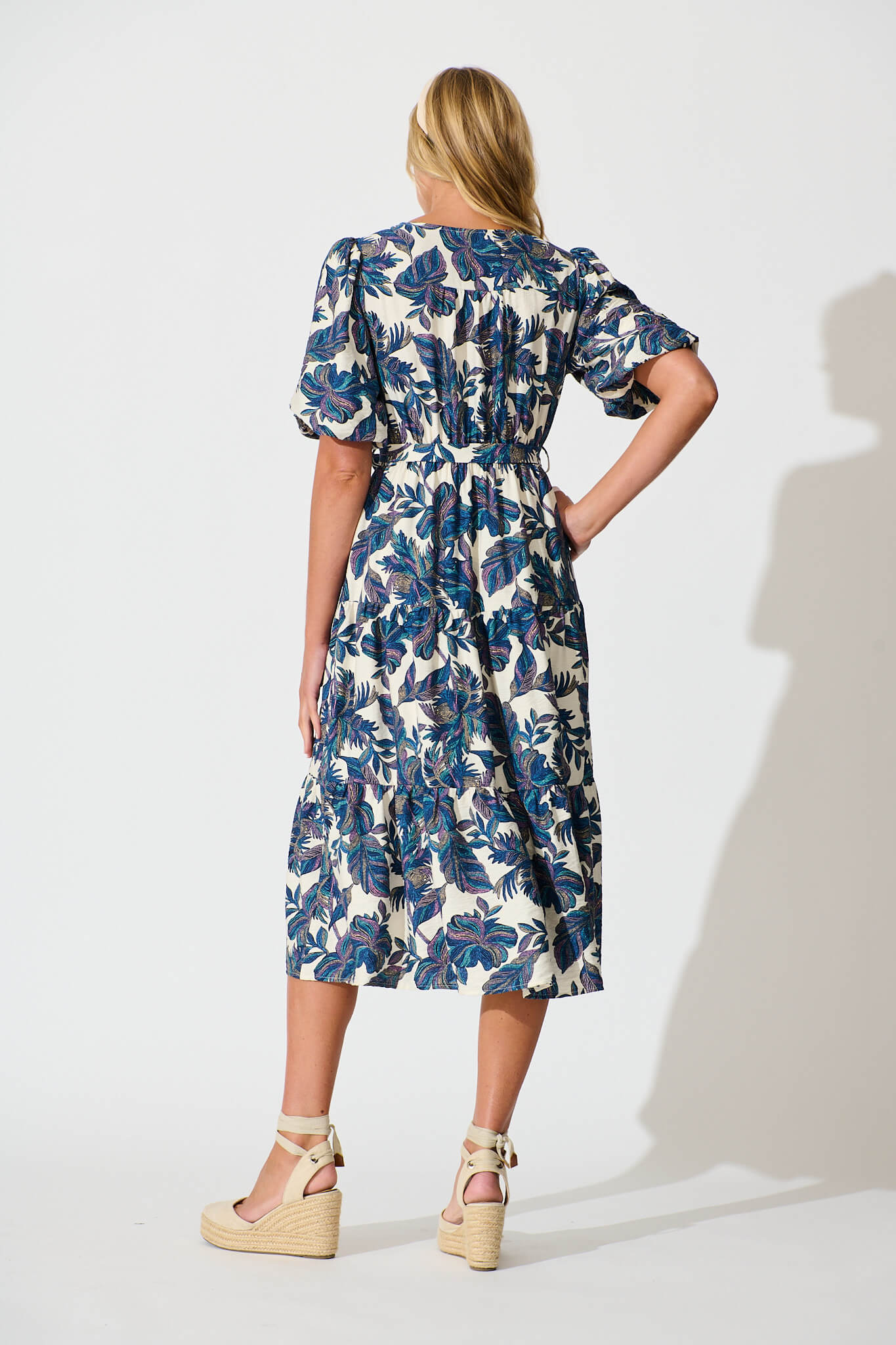 Tris Midi Dress in White with Blue Multi Leaf