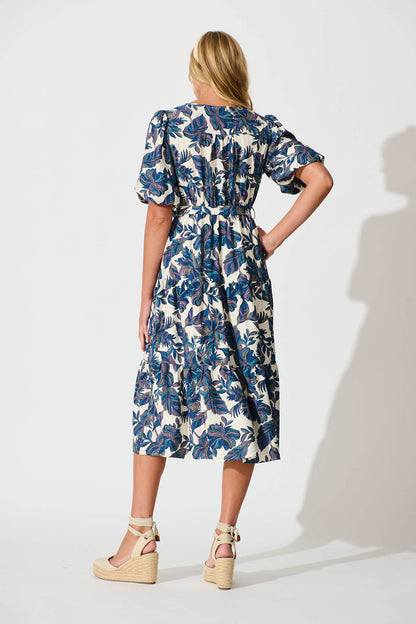 Tris Midi Dress in White with Blue Multi Leaf
