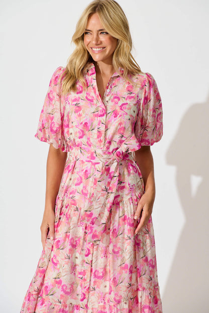 Rosina Maxi Shirt Dress in Pink Multi Floral