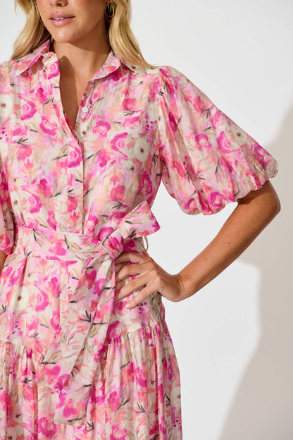 Rosina Maxi Shirt Dress in Pink Multi Floral