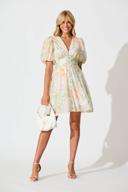 Clarissa Dress In White with Pastel Multi Floral