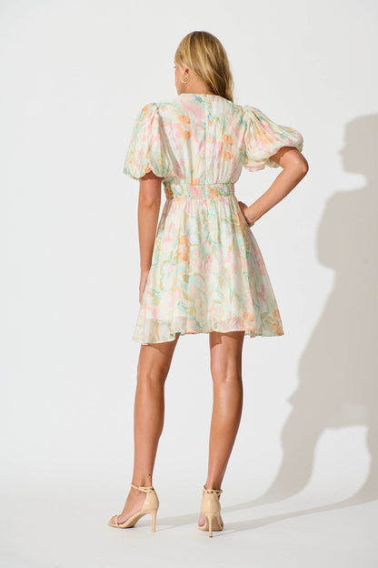 Clarissa Dress In White with Pastel Multi Floral