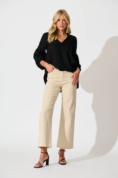 Yoko High Rise Relaxed Leg Jean In Beige Denim