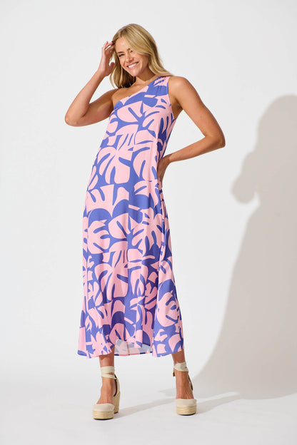 Gloria Off Shoulder Maxi Dress in Blue and Pink Leaf