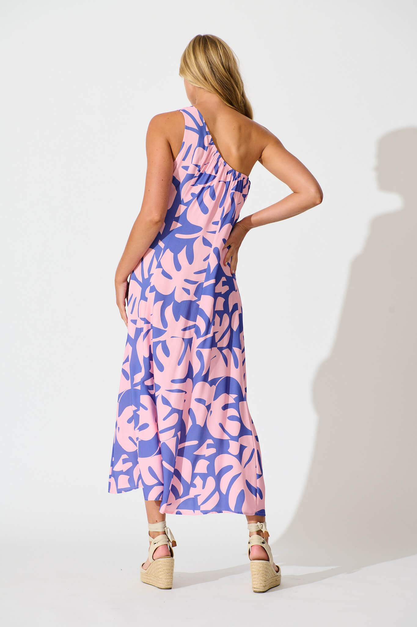 Gloria Off Shoulder Maxi Dress in Blue and Pink Leaf
