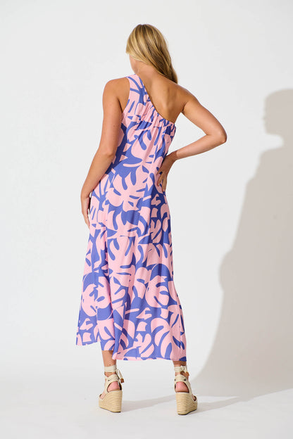 Gloria Off Shoulder Maxi Dress in Blue and Pink Leaf