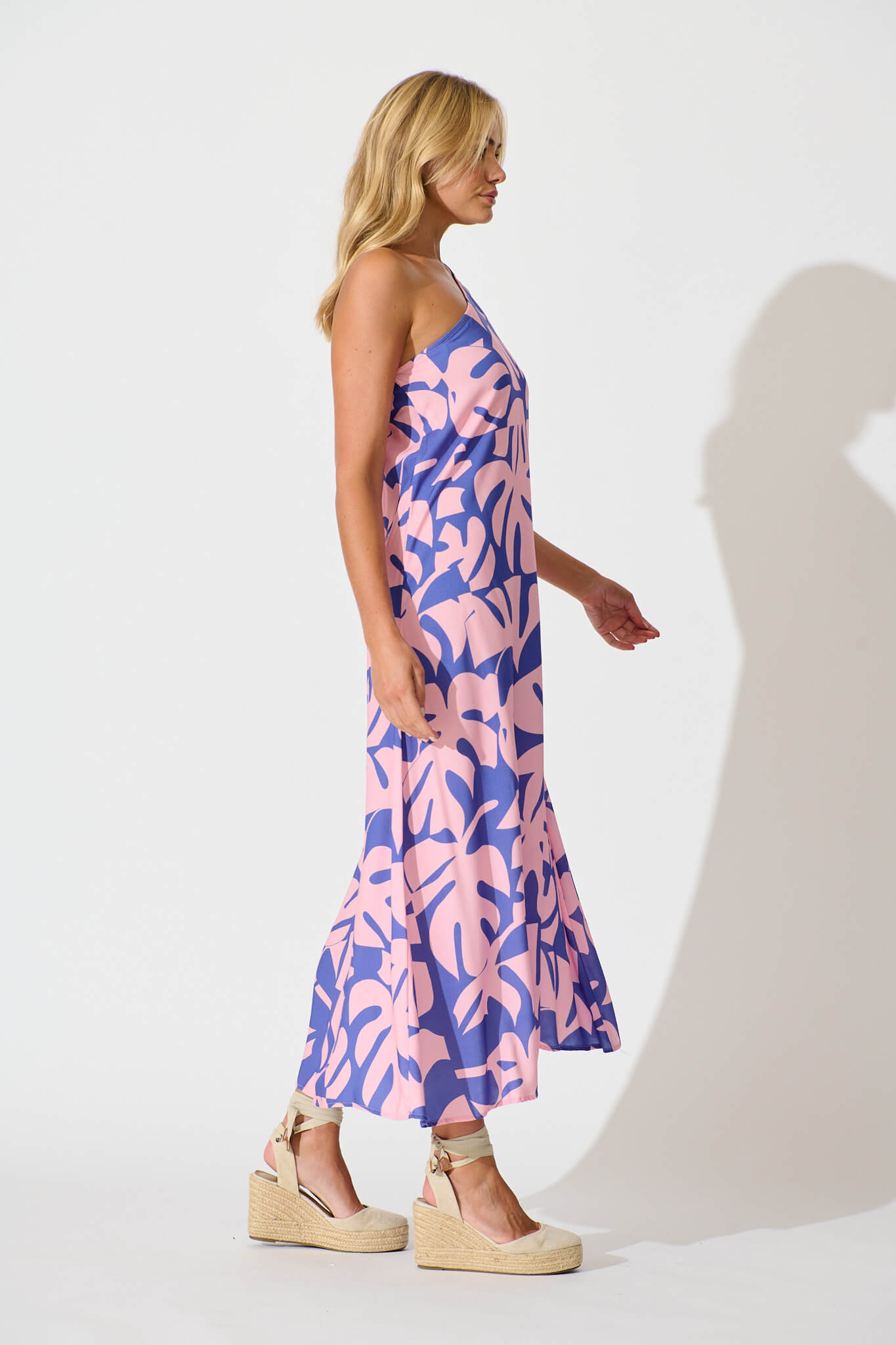 Gloria Off Shoulder Maxi Dress in Blue and Pink Leaf