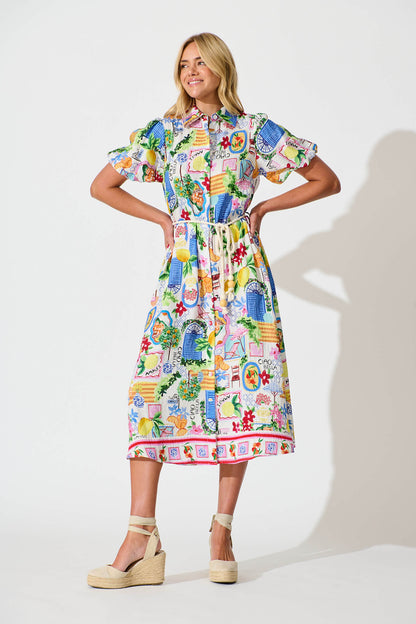 Dearest Midi Shirt Dress In White With Multi Print