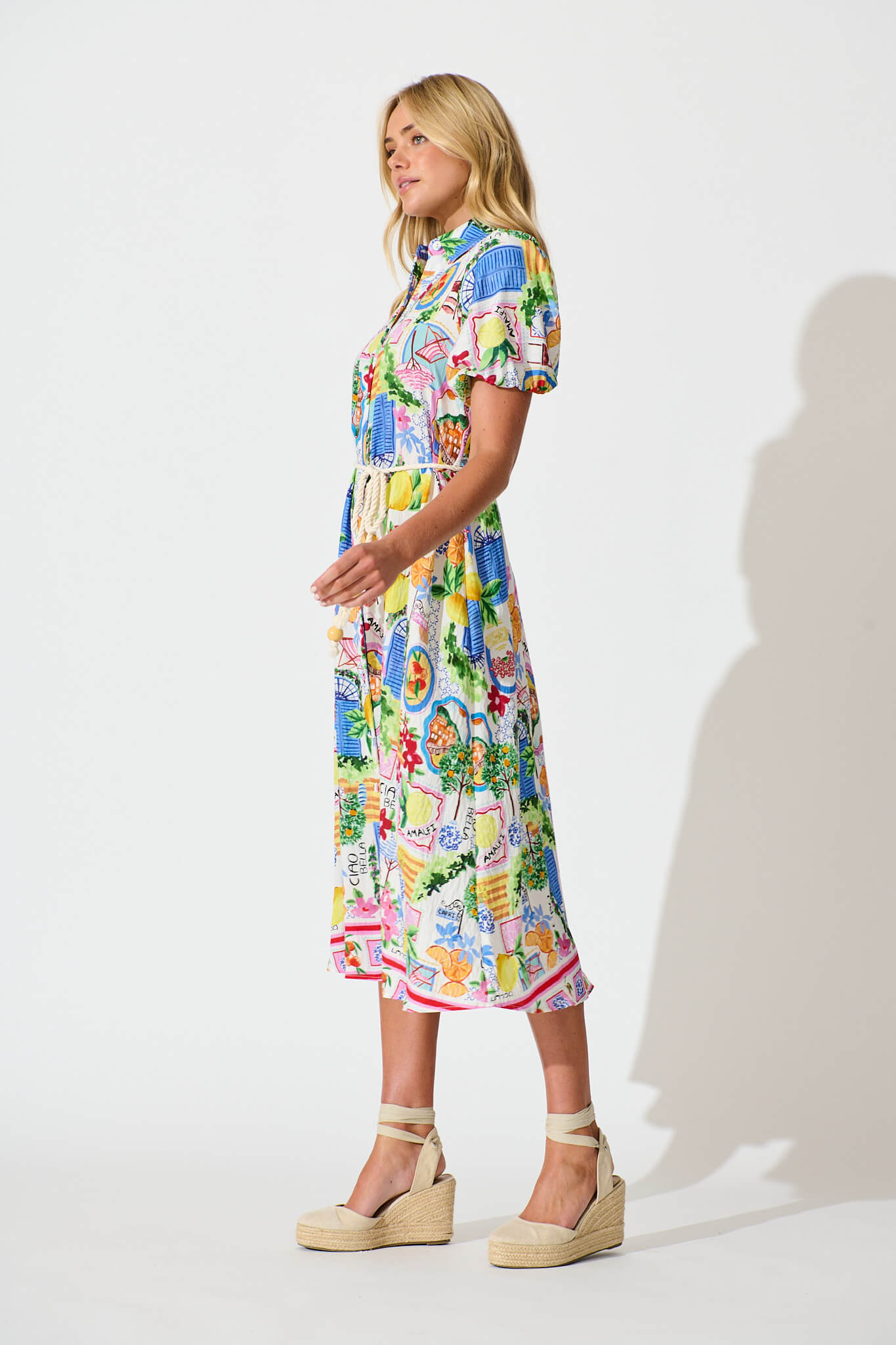 Dearest Midi Shirt Dress In White With Multi Print