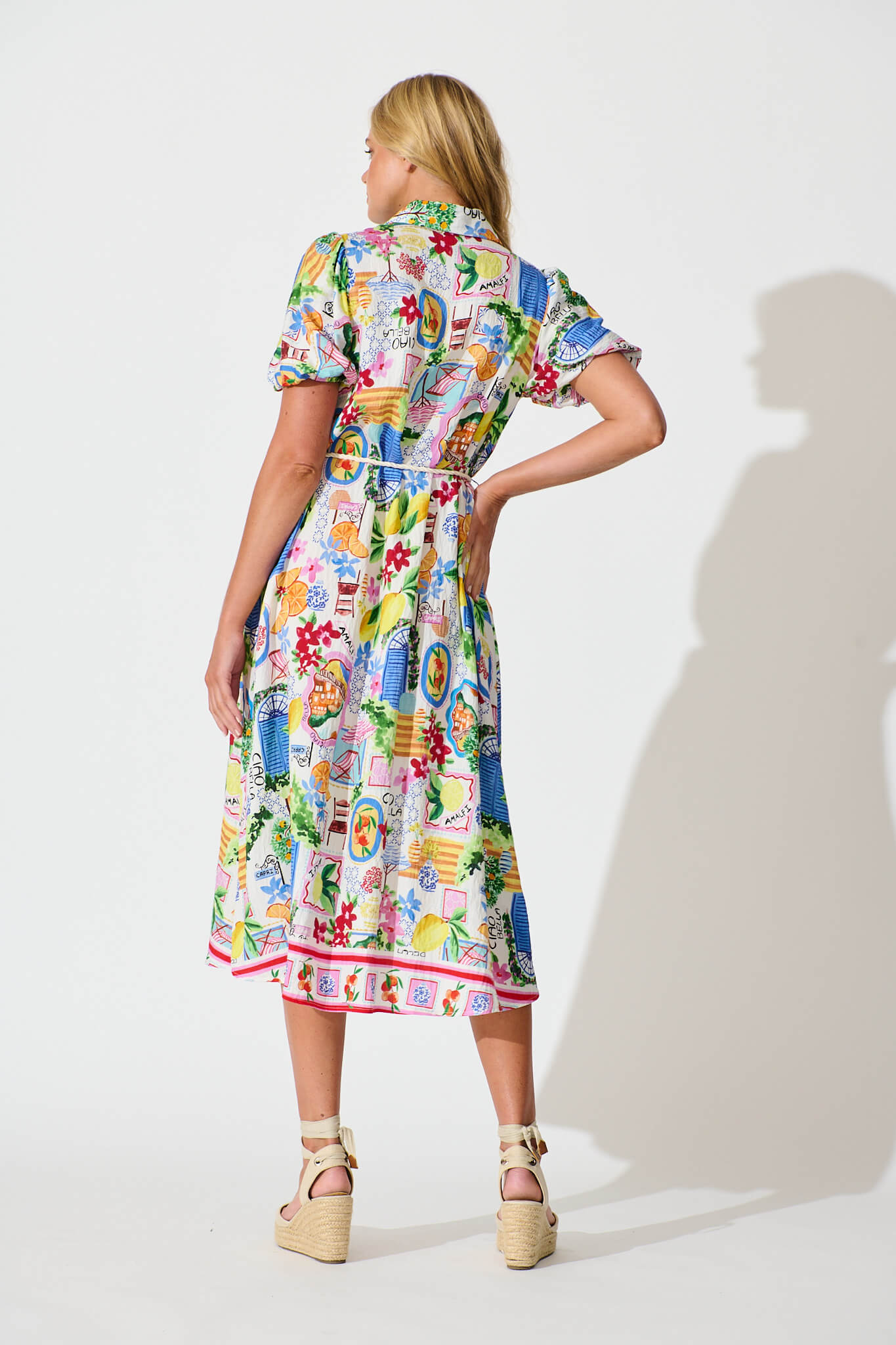 Dearest Midi Shirt Dress In White With Multi Print