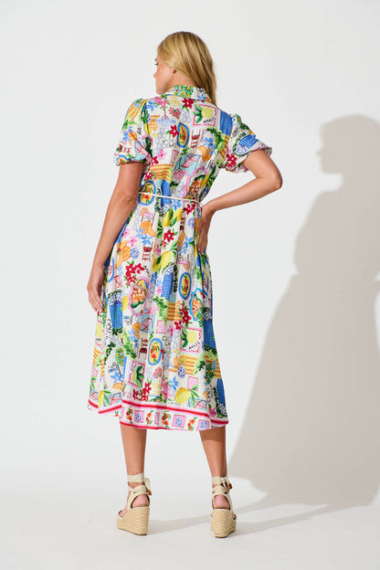 Dearest Midi Shirt Dress In White With Multi Print