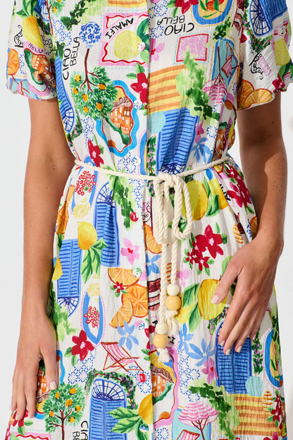 Dearest Midi Shirt Dress In White With Multi Print