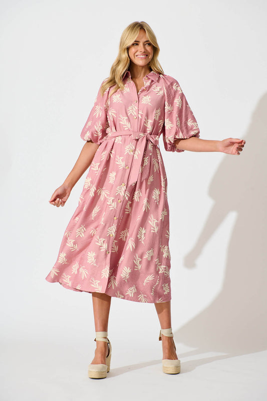 Jasmine Midi Shirt Dress in Dusty Rose with Cream Leaf