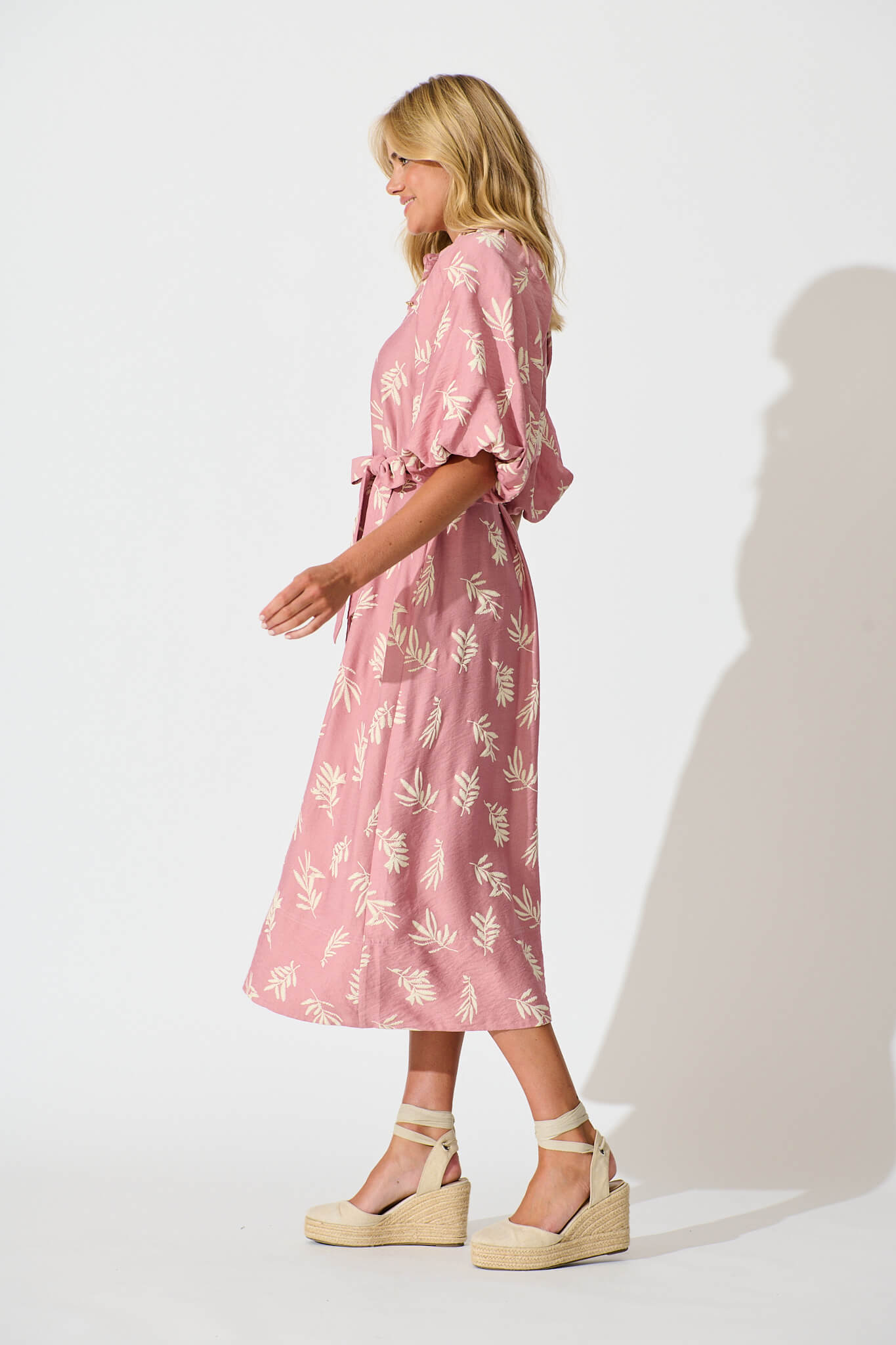 Jasmine Midi Shirt Dress in Dusty Rose with Cream Leaf